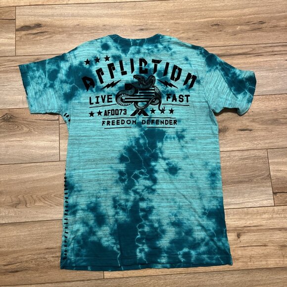 Men's Affliction Freedom Defender Shirt MEDIUM Teal Tie Dye Skull Snake Rocker - Picture 6 of 6